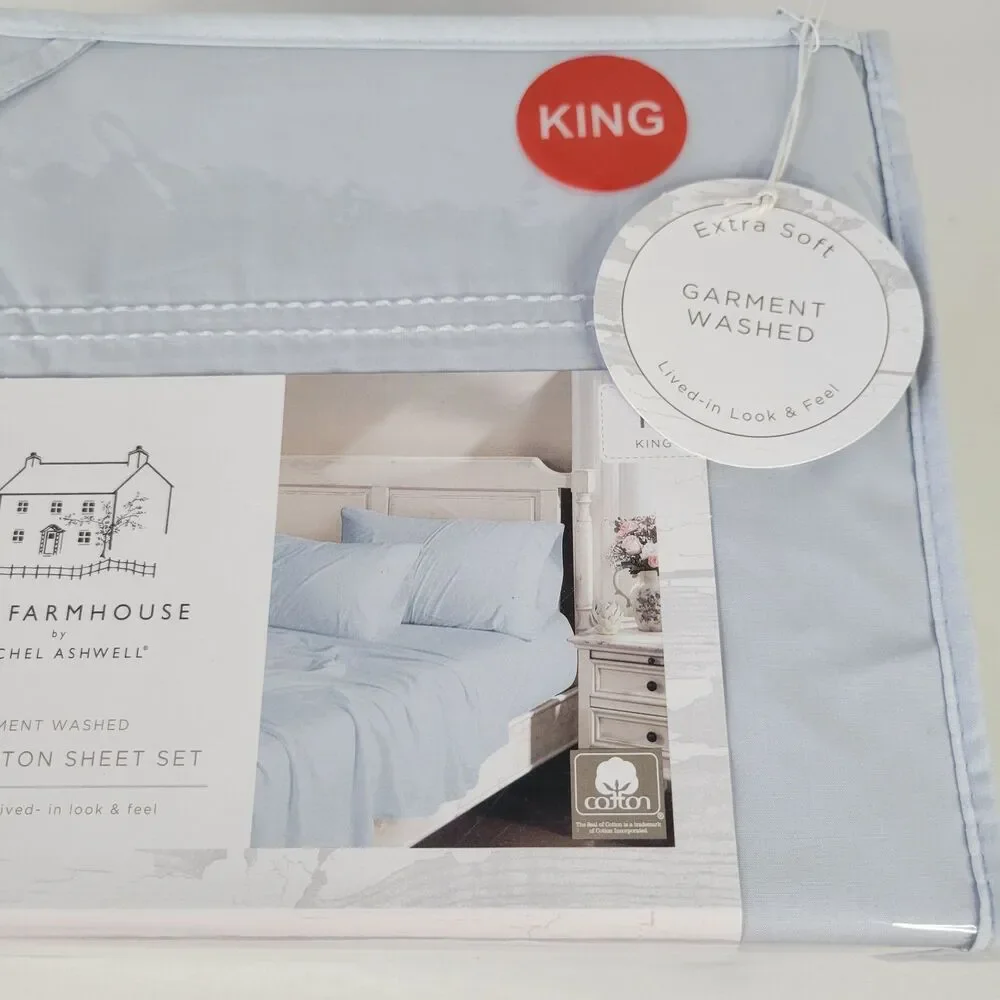 Shabby Chic 4pc KING Sheets Set Solid Light Blue Cotton Farmhouse Rachel Ashwell